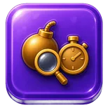 Purple badge with a gold bomb, stopwatch, and magnifying glass