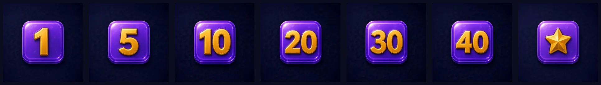 Purple Tilemind achievement badges marked 1, 5, 10, 20, 30, 40, and a final star