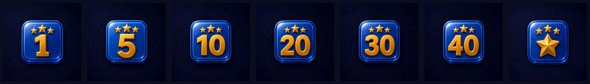 Gold three-star Tilemind achievement badges for clearing 1 through 40 levels